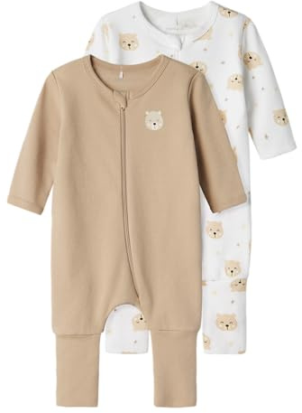 Name IT Unisex Baby Nbnnightsuit 2p Zip Ff Oxford Bear Noos Schlafanzug, Oxford Tan, 86 EU