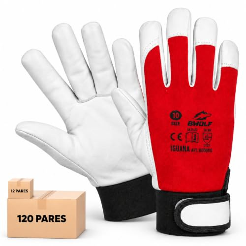 BWOLF IGUANA 12 Paar (24 Stück) Arbeitshandschuhe Herren Lederhandschuhe Schutz Handschuh dornenfest, reißfest mit Klettband (9, 12 stück)
