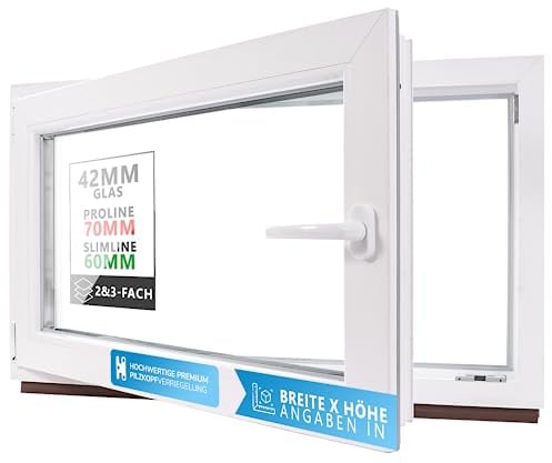 Kellerfenster Kunststofffenster weiß, BxH: 80 x 40 cm / 800 x 400 mm 3-fach Verglasung (32 mm) Dreh-Kipp inkl. Pilzkopfverriegelung, DIN Links (Griff Rechts), 60 mm Profil
