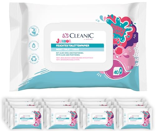 Cleanic Junior Feuchtes Toilettenpapier – (16x40 Stück) Feuchtes Toilettenpapier für Kinder – Kaugummiduft, Aloe Vera, Panthenol, spülbar – 640 Stück