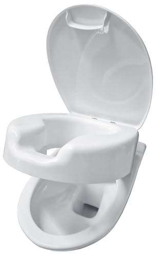 HYTO Toilettensitzerhöhung 12 cm mit stabilem Scharnier aus Edelstahl und Deckel, WC Sitzerhöhung für Senioren, Hoher Toilettensitz 12 cm, Sitzbrett für Senioren, Weiß | Stabiles Scharnier aus Edelstahl, Für Senioren, Hoher Toilettensitz