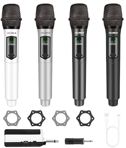 talomen Professionelles kabelloses Mikrofon, Quad-Mikrofonsystem, 2,4 GHz, dynamisches Karaoke-Mikrofon, wiederaufladbar, mit Empfänger, für Gesang, Party, K604, Weiß, Silber, Grau, Schwarz