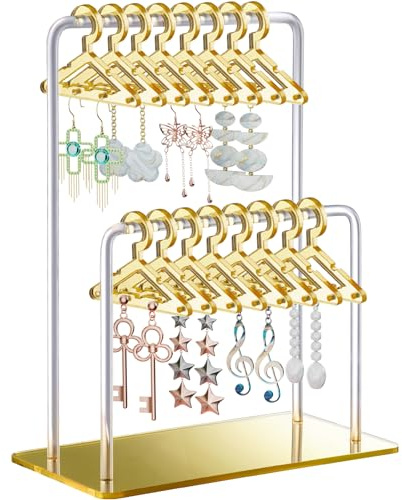 NiHome Acryl-Ohrringhalter mit einzigartigem zweistufigem Design, niedliche Miniatur-Kleiderbügel mit geräumigem Stauraum für 48 Paar, Spiegel-Display für Heim Waschtisch & Einzelhandel