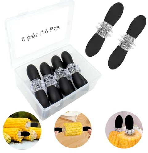 PEOUWNES 16 Stück/8 Paar schwarze Maiskolbenhalter – Edelstahl-Maiskolbenhalter, ineinandergreifende Design-Spieße für Zuhause, Kochen, Grillpartys, Camping