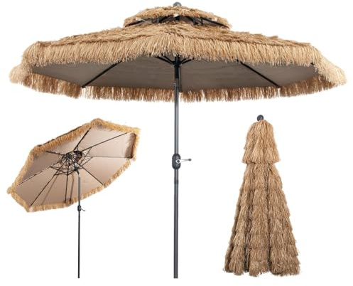 RELAX4LIFE Hawaii Sonnenschirm 300 cm, Reisstroh Strandschirm, Strohschirm mit Neigungsfunktion, Balkonschirm mit Doppeldach, Gartenschirm UV-beständig, Terrassenschirm für Garten & Strand