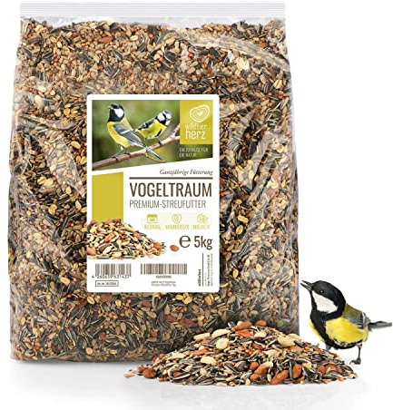 Wildtier Herz Vogeltraum Premium Vogelfutter für Wildvögel ohne Weizen - Ganzjahresfutter mit Sonnenblumenkernen - Wildvogelfutter für Futterspender - Streufutter, Fettfutter für Vögel - 5 kg