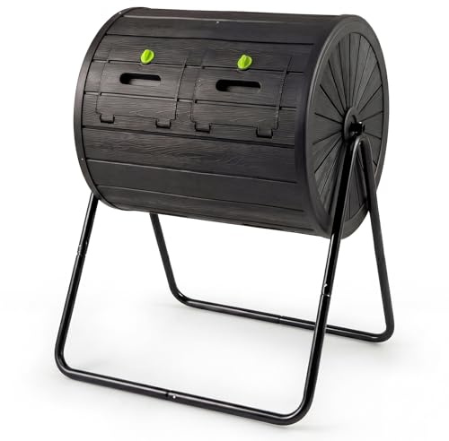 COSTWAY 142L Trommel-Komposter, Gartenkomposter Doppelkammer, 360° drehbar, Kompostschleuder mit 2 abschließbare Türen, Schnellkomposter aus PP & Metall, für Garten Balkon, 70x63x92cm (Schwarz)