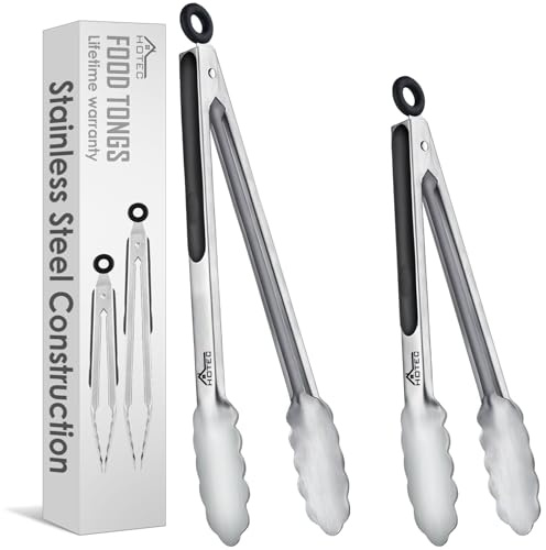 HOTEC Küchenzange Edelstahl Grillzange Hitzebeständigem Silikongriff, Verriegelbare Metallzange, Rutschfester Griff, 23 cm und 30,5 cm(Schwarz)