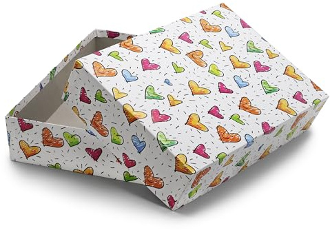 NEUSER PAPIER Geschenkbox mit Deckel DIN A4 – Aufbewahrungsbox Karton Bunte Herzen – Geschenkkarton Schachtel stapelbar 302 x 213 x 70 mm, 1 Stück