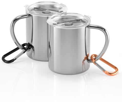 Yoassi Edelstahl Camping Becher, 2er Set 300ml Thermotasse mit Deckel und Karabiner, doppelwandige Isolierbecher, Kaffeebecher Kaffeetasse Trinkbecher BPA frei für Outdoor und Camping