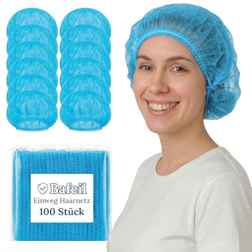 Bafeil 100 Stück Haarnetz küche - OP Haube aus Einwegstoff Weiß, Einweg Haarnetze für die Küche oder Zahnarzt, Hygienezubehör für die Medizin, OP Kopfhauben 52cm (Blau)