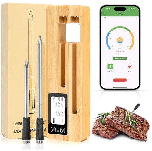 GFTIME Kabelloses Fleischthermometer mit Bluetooth und Booster, 2 ultradünne Sonden, IPX8 wasserdichte Sonden, Digitales Grillthermometer mit App, Wiederaufladbar für Grill, Smoker und Ofen
