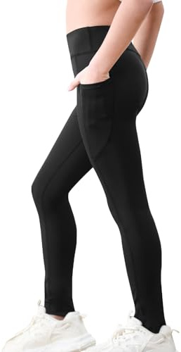 Monbessi Sportleggins Kinder Mädchen mit Handytasche Sporthose Hohe Taille Turnleggins Mädchen Lang für Gym Yoga Gymnastik(150, Schwarz)