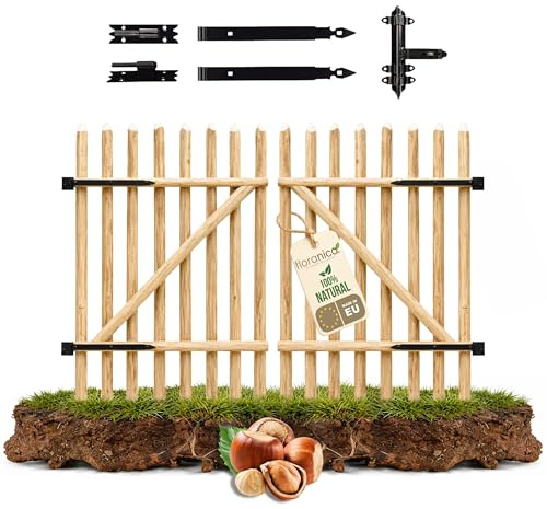 Floranica Gartentor Holz 100 x 200 cm Haselnuss, zweiflügelig | Fertig montiert, inkl. Scharnieren und Verschluss - Staketentor zum Staketenzaun, zweiflügelig für breite Einfahrten