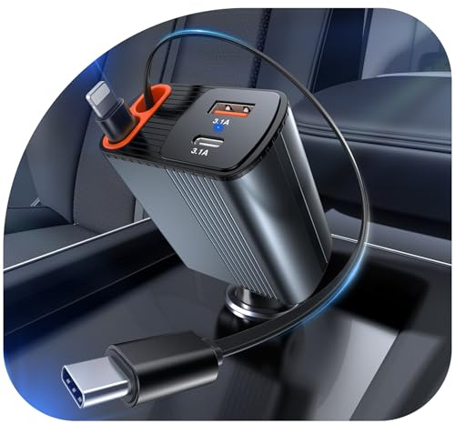 2026 80W Zigarettenanzünder USB C, 4-in-1 USB C Auto Ladegerät mit Einziehbarem Kabel (80cm) KFZ Ladegerät, Auto Schnellladegerät USB Ladekabel Car Charger für iPhone 17 16 15 14 13 Pro Max, Galaxy