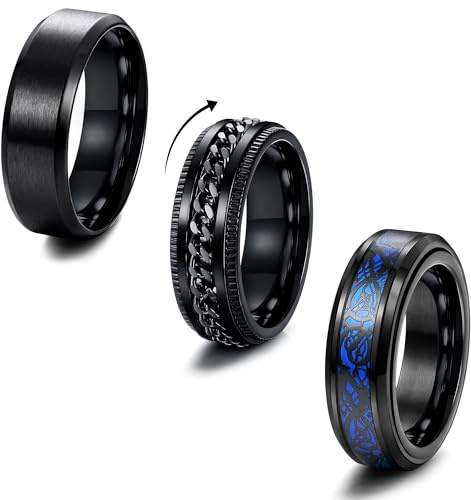 Milacolato 3 Ringe Herren Schwarz Fidget Ring Edelstahl Spinner Ring Cool Gedrehter Kette Anxiety Ring Keltischer Drache Bandring Engagement Ring Eheringe 8mm Breit