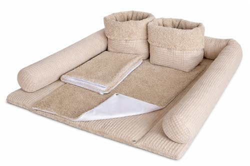 Wickelauflage Set 6-teilig – Wickelunterlage aus Waffelstoff & Frottee mit Druckknöpfen – Baby Wickelauflage – Wickeltischauflage – 75x75 cm (Breite x Tiefe), Altbeige