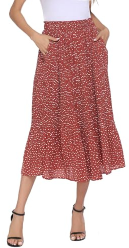Parabler Damen Hohe Taille Röcke Retro Maxirock Polka Dot Rock Lang Herbst und Winter Elegant Faltenrock mit Tasche Rot-1 L