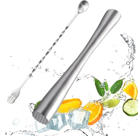 GYSRXS Cocktail Stampfer Edelstahl Mojito Stößel with Cocktail Mixing Spoon Crushed Ice Hammer Verwendet um Cocktails,Mojitos,Säfte zu Machen,Länge 26CM(Silber)