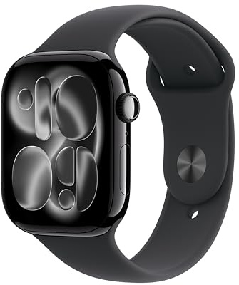 Apple Watch Series 11 GPS 46 mm Smartwatch mit Aluminiumgehäuse in Diamantschwarz und Sportarmband in Schwarz (S/M). Schlafindex, Fitnesstracker, Gesundheitstracking, Always-On Display, Wasserschutz
