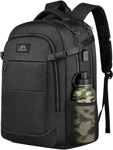 ANNMOR Rucksack Herren, Groß 15-17,3 Zoll Schulrucksack Laptop Rucksack, Business Reiserucksack mit USB Ladeanschluss, TSA & Anti-Diebstahl Backpack - Schwarz