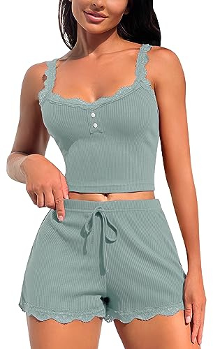RSLOVE Damen Nachtwäsche aus Spitze Sexy Pyjama Set 2 teilige Oberteile und Shorts