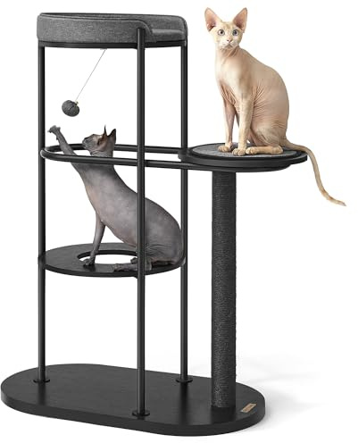 Feandrea Kratzbaum, modern, Katzenbaum, Metallrohre, mit Kissen und Plattform, Sisalstamm, Katzenspielball, 80 x 43 x 111 cm, für kleine, große, alte Katze, klassikschwarz PCT117B01