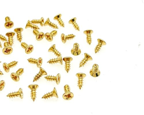 JZK 100 Stück M2 x 5 mm Messing vergoldet Kreuzschlitz-Blechschrauben mit flachem Kopf, goldene Mini-Kreuzschlitzschrauben, Puppenhaus, winzige Messing-Holzschrauben für Schmuckkästchenscharniere
