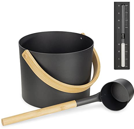 Navaris Aluminium Saunakübel mit Kelle und Sanduhr - Metall Sauna Kübel - Aufgusseimer Set 3tlg. Saunaeimer - leichter Eimer mit Bambus Griff - schwarz natur