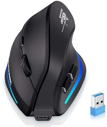 ECHTPower 2026 Update Ergonomische Maus, kabellos, 2,4 GHz, vertikale Maus, wiederaufladbar, kabellos, Rechtshänder, leise, 4800 DPI verstellbar, Schnittstelle Typ C für PC, Laptop, Computer, Mac