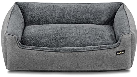 Feandrea Hundebett, Hundekissen in Leinenoptik, Hundekorb, erhöhte Ränder, rutschfeste Unterseite, Bezug abnehmbar waschbar, XL, für große Hunde, 110 x 75 x 27 cm, hellgrau PGW12GG
