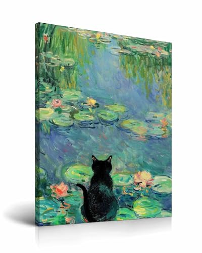 HesenDot Wandbild mit Rahmen 30x40cm, Boho Leinwanddruck, A3 Wand Deko Kunstdrucke für Wohnzimmer Schlafzimmer Bad Büro Kinderzimmer, Lustige Monet Schwarzer Cat Picture