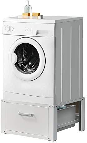 [en.casa] Waschmaschinen Untergestell Comfortixx mit Schublade Waschmaschinen-Unterschrank 63 x 54 x 31 cm Podest bis 150 kg gummierte Füße Stahl Weiß