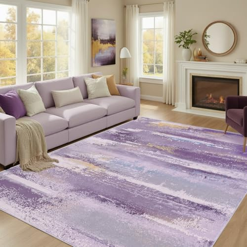 GthreeD Teppich Wohnzimmer Waschbarer, Kurzflor Teppiche 160 x 230 cm Groß, Abstrakelte Farbige Gemälde, Abstraktion und Mode Farben Passen, Schlafzimmer, Esszimmer und Büro, Violett