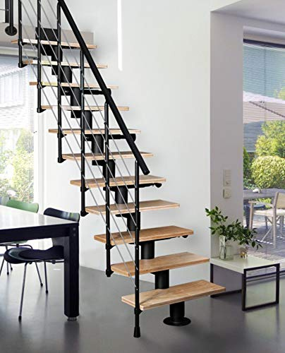 Systemtreppe Atrium Dixi, schwarz, Geschosshöhe 222-300 cm, mit 70 cm Holzstufen in Buche Natur