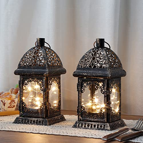 TRIROCKS 2 Stück Hängende Kerzenlaterne 28 cm Hoch Metall Klein Dekorative Kerzenhalter Mit Glas Für Wohnung Garten Wohnzimmer Party Tisch Drinnen Draußen (Schwarz Mit Goldener Beschichtung)