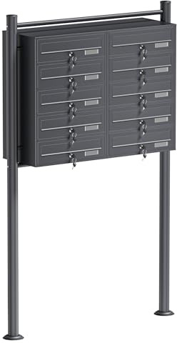 Wiltec 10er Briefkastenanlage Anthrazit 945 x 270 x 1500 mm, Standbriefkasten mit 2x5 Fächern, Schlüssel und Namensschild, Briefkasten Postkasten mit Ständer