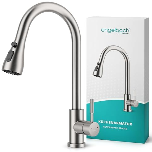 Engelbach® Wasserhahn Küche - ausziehbar & 360 Grad schwenkbar für maximale Reichweite - 304 Edelstahl Küchenarmatur mit 2 Strahlarten, Spültischarmatur, Mischbatterie, Gebürstet