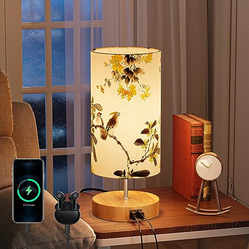 GPATIO Nachttischlampe, Touch Dimmer mit Ladefunktion USB Anschlüssen. | 3-Fach Dimmbar, Vogel Stoffschirm für Deko, 2 USB-Ports, Tischlampe mit Kabel, Lampe für Wohnzimmer Schlafzimmer Babyzimmer.