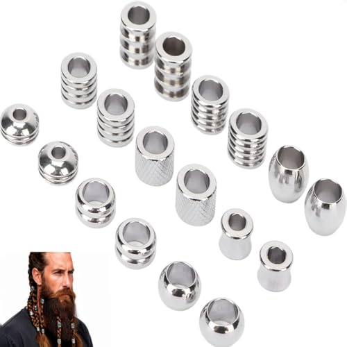 ANKROYU 18 Stück Bart Perlen für Männer, Edelstahl Wikinger Bartperlen zum Klipsen, Dreadlock Perlen, DIY Bartschmuck Herren mit sicherem Clip-Verschluss für Bärte, Zöpfe