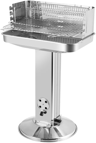 TLGREEN Holzkohlegrill edelstahl 57 * 38 * 90 cm, Premium Edelstahl Grill mit 5-fach höhenverstellbarem, verchromtem Grillrost, Aschekasten und Belüftung, Säulengrill für Camping, Strand, BBQ, Garten