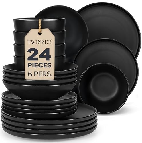 24-teiliges Geschirrset aus Steingut in Matt-Schwarz für 6 Personen - Schwarze Teller & Tassen Mikrowellengeeignetes Tafelservice - Twinzee Ebony Collection