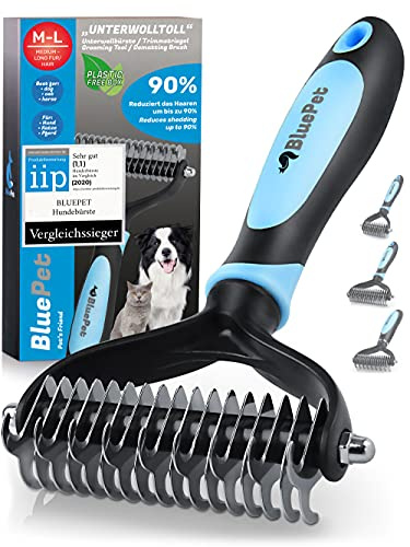 BluePet Hundebürste Unterwolle langhaar & Katzenbürste langhaar I Unterwollkamm entfernt Unterwolle & Verfilzungen I Deckhaarschutz & Knoten Entfernen I Unterfellbürste Hunde für Fellwechsel