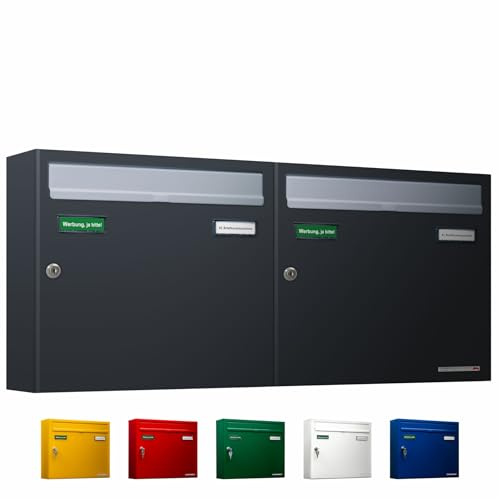 AL Briefkastensysteme Basic 2er Briefkasten RAL 7016 Anthrazit Grau/Einwurfklappe RAL 9006 Weiß Aluminium 2 Fach DIN A4 wetterfest mit Posthaltebügel und 2 Namensschildern