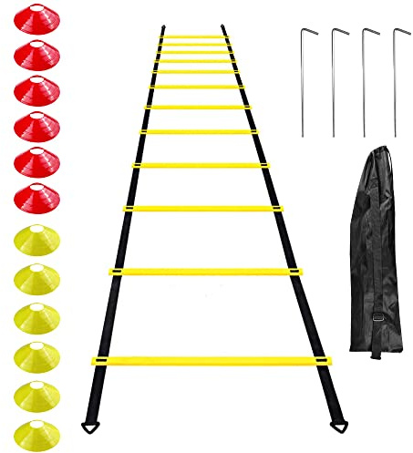 Gvolatee Fußball Trainingszubehör Koordinationsleiter Trainingsleiter, Koordinationsleitern mit 12 Hütchen 4 Pfählen fußball Trainingsset Equipment Zubehör Fußballtraining