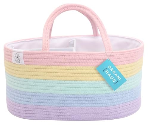 OrganiHaus Aufbewahrungskorb Kinderzimmer, Spielzeug aus Baumwollseil & Windelhalter mit Griffen, Windelhalter für Babys, maschinenwaschbar, ideal für Kinderzimmer und Waschküche – Regenbogen