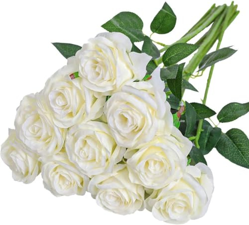 12 Stücke Kunstblumen Seidenblumen Rosen 51 * 7cm Kunstblumen Blätter und Verstellbare Stiele,Realistisch und Weich Künstliche Blumen für DIY Hochzeitsfeier,Valentinstag,Zuhause Dekoration(Weiß)