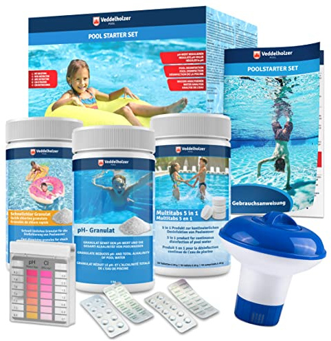 Veddelholzer 5 in 1 Pool Reinigungsset-Poolreiniger, Tester pH, pH Minus Granulat, Chlortabletten für Pool 20g, Chlorgranulat, Skimmer zur Poolpflege mit Anleitung Perfekte Pool & Whirpool Reinigung