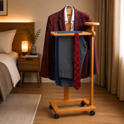 Tatkraft Lord - Herrendiener Modern, auf Rollen, Made in Italy, Stummer Diener Holz, aus Buche, Herrendiener Schlafzimmer, Hosenbügel, Schmuckablage