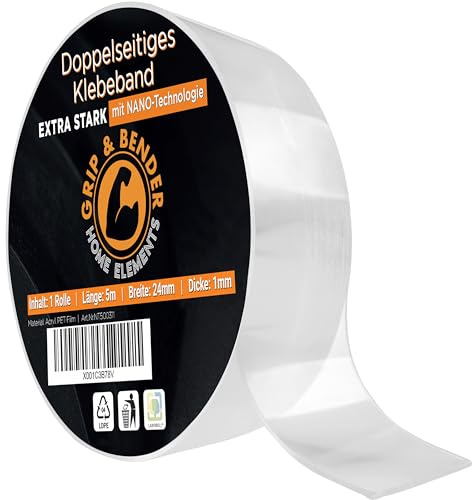 GRIP&BENDER Doppelseitiges Klebeband - 5 Meter x 24MM Nano Tape Doppelseitig Transparent – Spurloses Nano Klebeband – Multifunktionales Rutschfestes Nanotape extra dünn (1mm) Ultra Stark